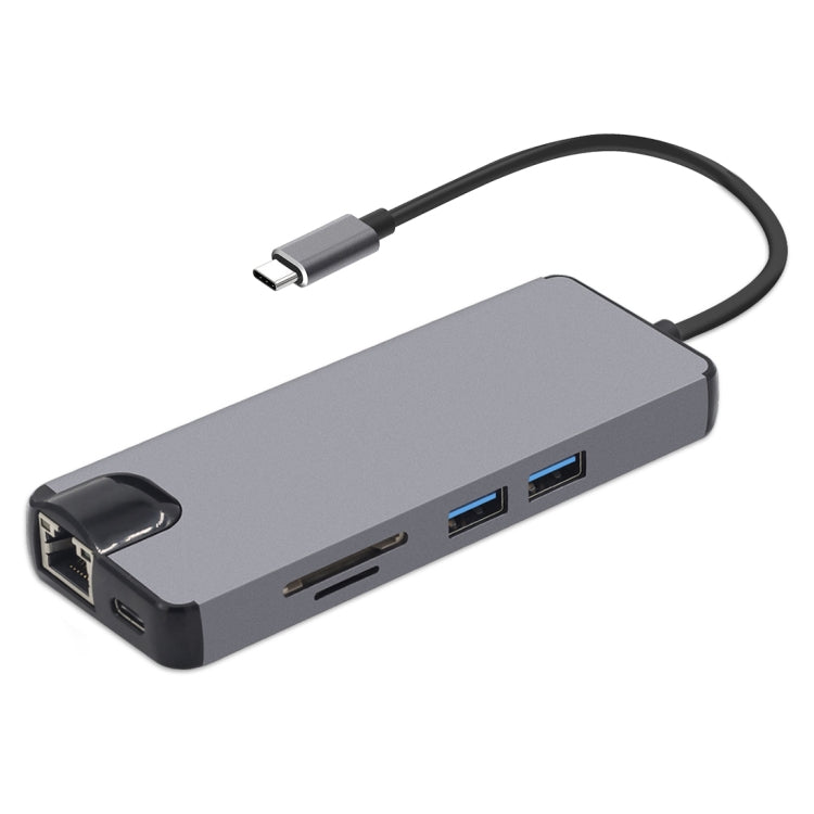 Adaptador de lector de tarjetas 8 en 1 Tipo-C a HDMI + USB 3.0 + USB 3.0 + Tipo-C + LAN + VGA + TF/SD