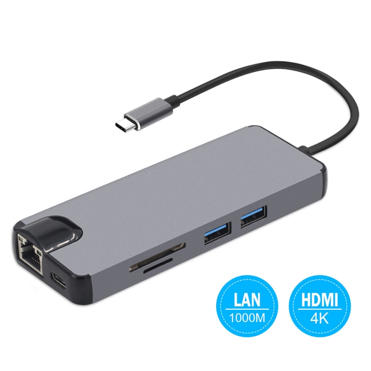 Adaptador de lector de tarjetas 8 en 1 Tipo-C a HDMI + USB 3.0 + USB 3.0 + Tipo-C + LAN + VGA + TF/SD