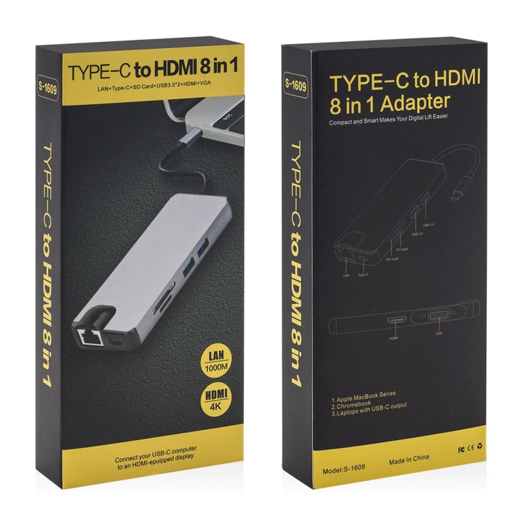 Adaptador de lector de tarjetas 8 en 1 Tipo-C a HDMI + USB 3.0 + USB 3.0 + Tipo-C + LAN + VGA + TF/SD