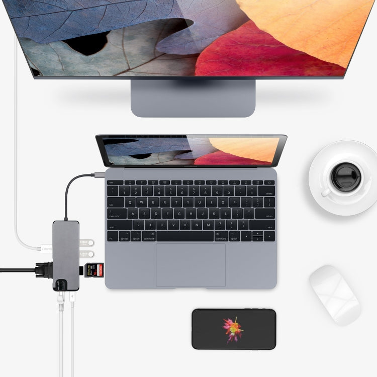 Adaptador de lector de tarjetas 8 en 1 Tipo-C a HDMI + USB 3.0 + USB 3.0 + Tipo-C + LAN + VGA + TF/SD