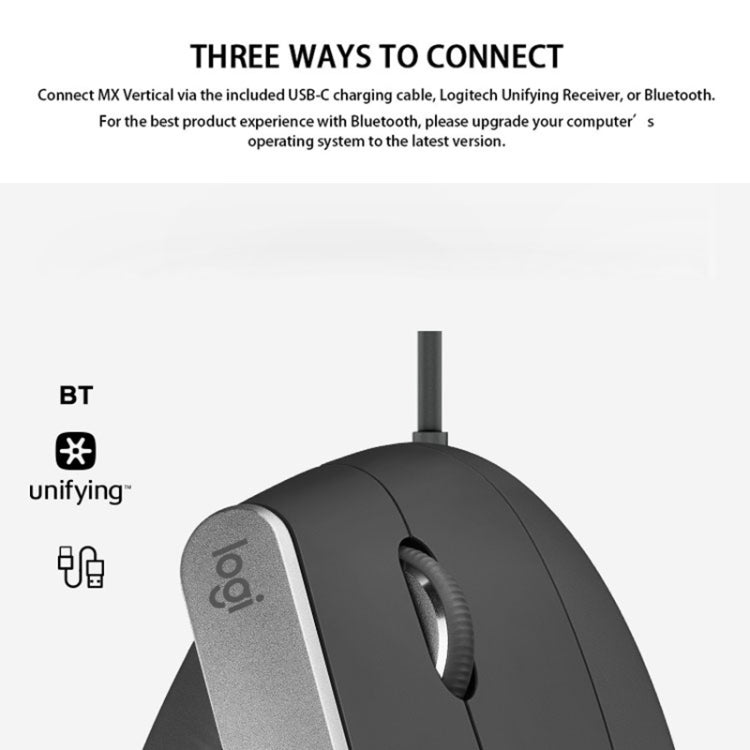 Logitech MX Vertical 4000DPI USB-C / Type-C + Unifying + Bluetooth Ratón óptico vertical inalámbrico ergonómico de tres modos, MX Vertical