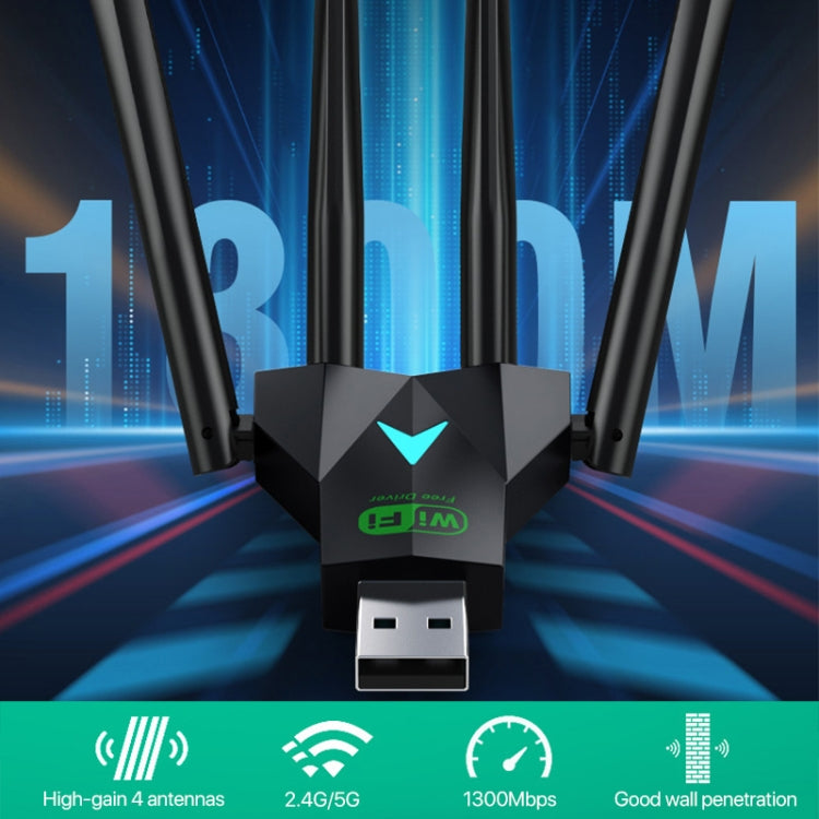 Tarjeta de red inalámbrica 5G de 1300 Mbps, receptor WiFi USB sin controlador de banda dual Gigabit, 1300Mbps 5G