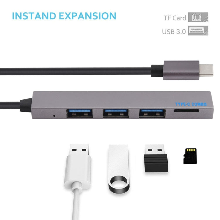Lector de tarjetas TF T-809B + 3 puertos USB 3.0 a convertidor HUB USB-C / Type-C, longitud del cable: 13 cm