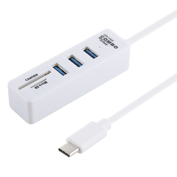 Lector de tarjetas TF / SD 2 en 1 + 3 puertos USB 3.0 a convertidor HUB USB-C / Type-C, longitud del cable: 26 cm