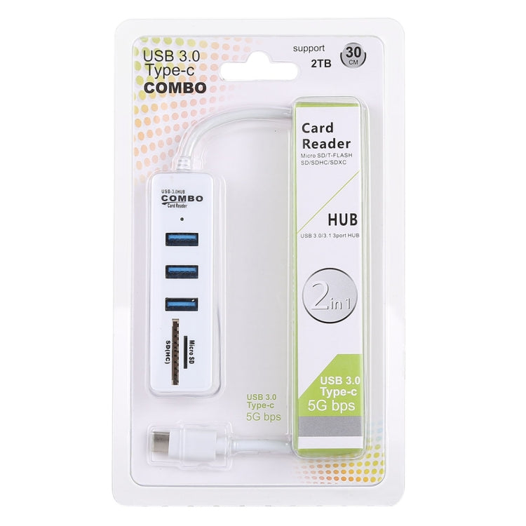 Lector de tarjetas TF / SD 2 en 1 + 3 puertos USB 3.0 a convertidor HUB USB-C / Type-C, longitud del cable: 26 cm