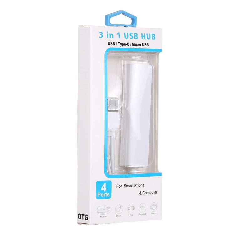 Convertidor HUB 3 en 1 USB-C / Type-C + Micro USB + 4 x USB 2.0, longitud del cable: 12 cm, 3 in 1 (White), 3 in 1 (Black)