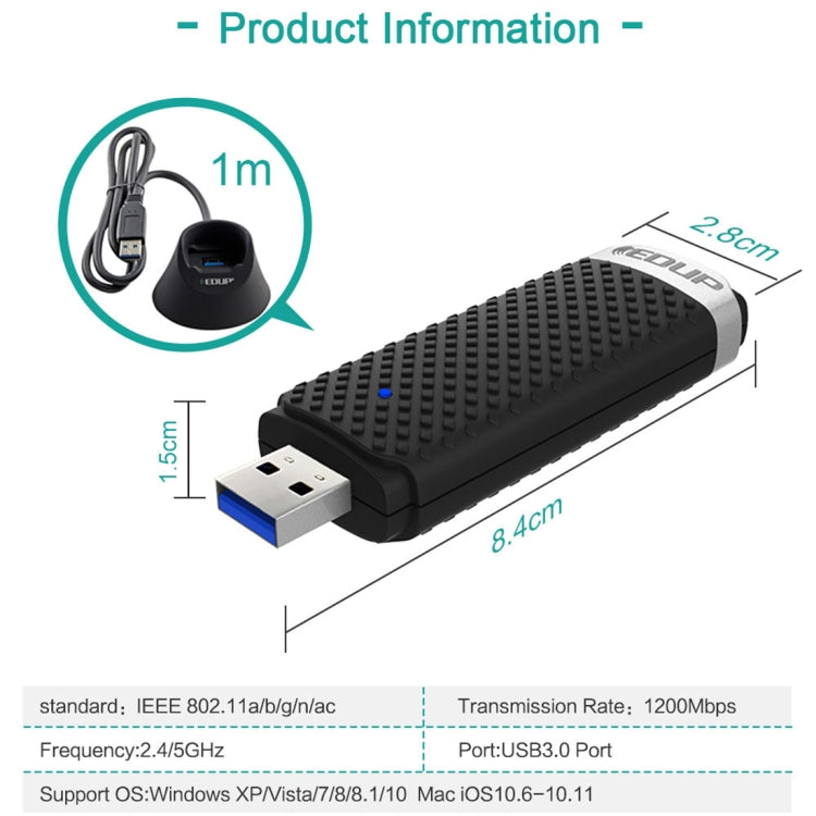 EDUP EP-AC1609 Adaptador Receptor WiFi USB 3.0 de Alta Velocidad de 1200Mbps Adaptador Ethernet con Cable Extendido de 1m y Base, EP-AC1609 1200Mbps