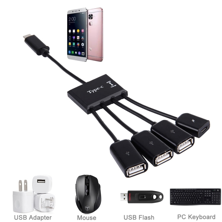 Cable portátil 4 en 1 USB-C/Tipo-C a 3 puertos USB 2.0 OTG HUB con fuente de alimentación micro USB