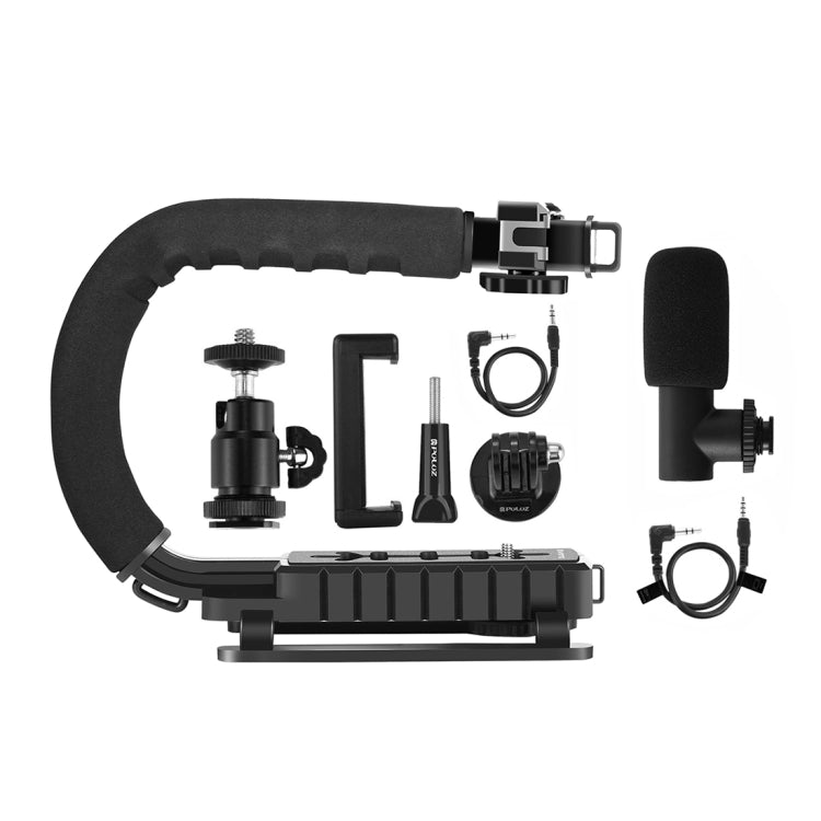 PULUZ Estabilizador de soporte DV portátil en forma de U/C + kit de micrófono de pistola de vídeo con cabezal de trípode de zapata fría para todas las cámaras SLR y cámaras DV domésticas, Bracket Kits + Mic