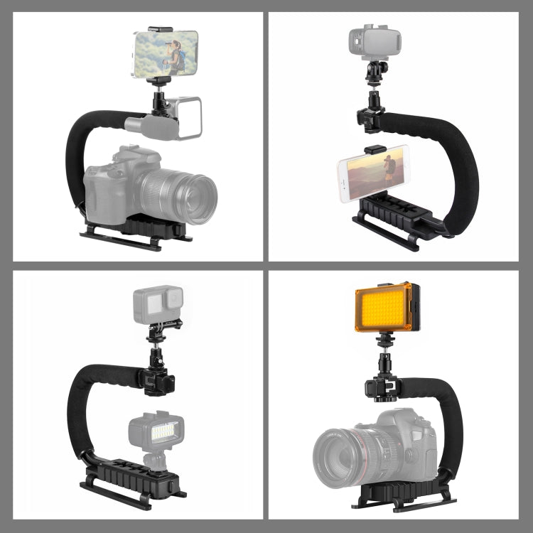 PULUZ Estabilizador de soporte DV portátil en forma de U/C + kit de luz de estudio LED con cabezal de trípode de zapata fría para todas las cámaras SLR y cámaras DV domésticas, Bracket Kits + LED