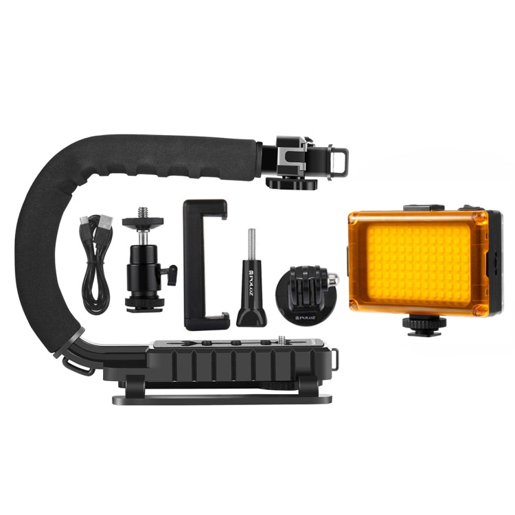 PULUZ Estabilizador de soporte DV portátil en forma de U/C + kit de luz de estudio LED con cabezal de trípode de zapata fría para todas las cámaras SLR y cámaras DV domésticas, Bracket Kits + LED