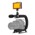 PULUZ Estabilizador de soporte DV portátil en forma de U/C + luz de estudio LED + kit de micrófono de pistola de vídeo con cabezal de trípode de zapata fría para todas las cámaras SLR y cámaras DV domésticas, Bracket + Mic + LED(AE)                    ...