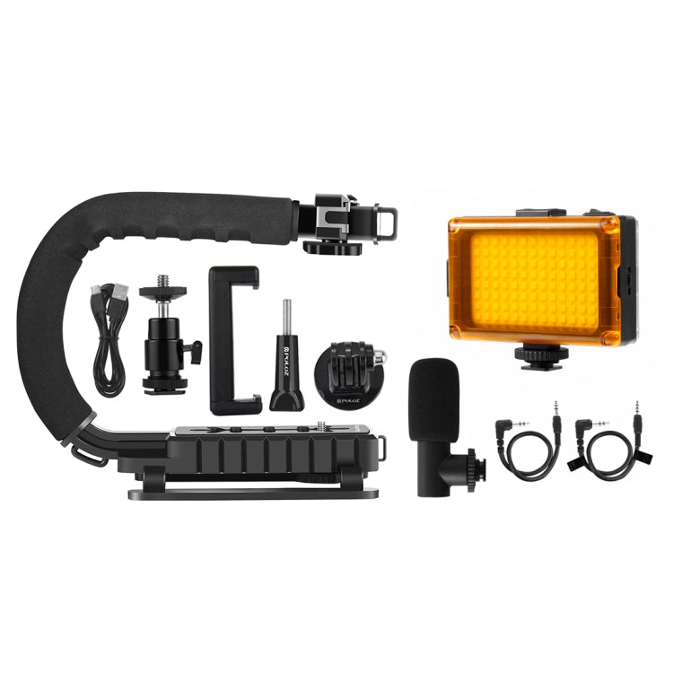 PULUZ Estabilizador de soporte DV portátil en forma de U/C + luz de estudio LED + kit de micrófono de pistola de vídeo con cabezal de trípode de zapata fría para todas las cámaras SLR y cámaras DV domésticas, Bracket + Mic + LED(AE)                    ...