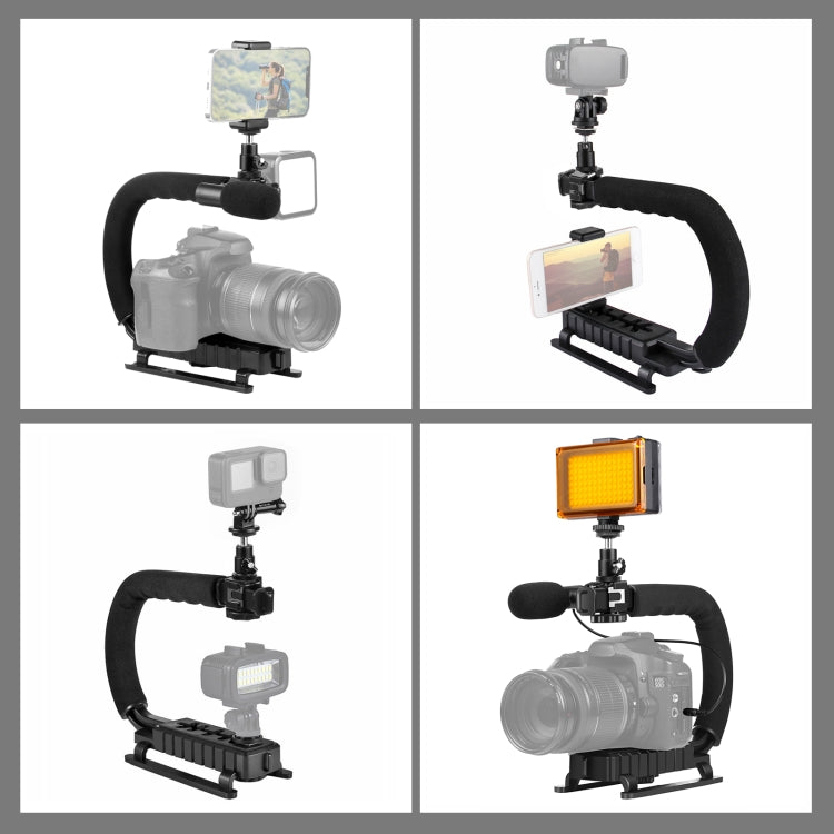 PULUZ Estabilizador de soporte DV portátil en forma de U/C + luz de estudio LED + kit de micrófono de pistola de vídeo con cabezal de trípode de zapata fría para todas las cámaras SLR y cámaras DV domésticas, Bracket + Mic + LED(AE)                    ...