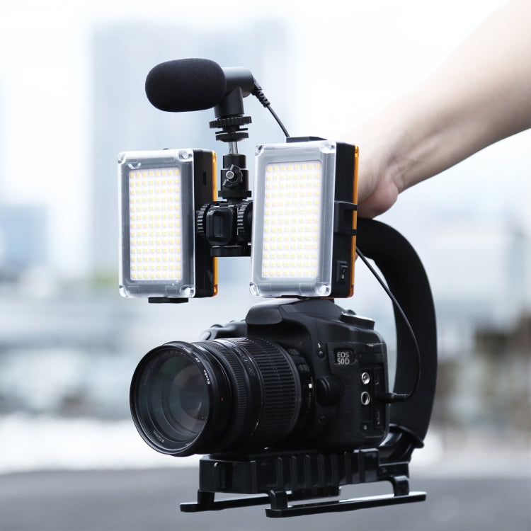 PULUZ Estabilizador de soporte DV portátil en forma de U/C + luz de estudio LED + kit de micrófono de pistola de vídeo con cabezal de trípode de zapata fría para todas las cámaras SLR y cámaras DV domésticas, Bracket + Mic + LED(AE)                    ...