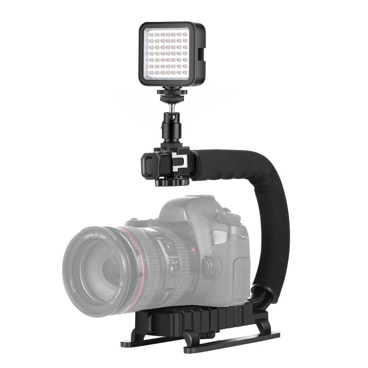 PULUZ Estabilizador de soporte DV portátil en forma de U/C + kit de luz de relleno LED con cabezal de trípode de zapata fría para todas las cámaras SLR y cámaras DV domésticas, C-Shaped Bracket + Fill Light