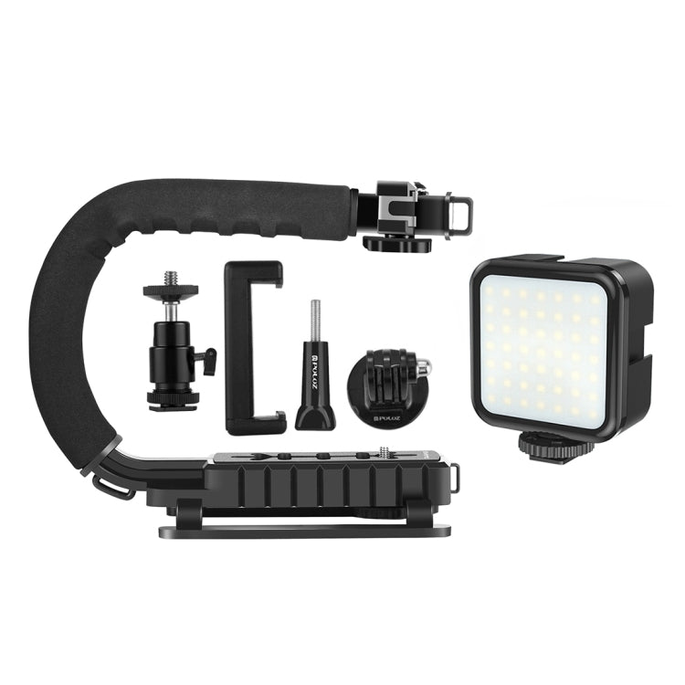 PULUZ Estabilizador de soporte DV portátil en forma de U/C + kit de luz de relleno LED con cabezal de trípode de zapata fría para todas las cámaras SLR y cámaras DV domésticas, C-Shaped Bracket + Fill Light
