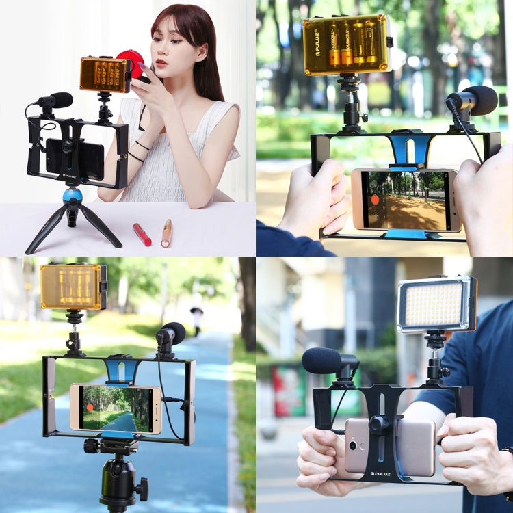 PULUZ 3 en 1 Vlogging Transmisión en vivo LED Selfie Light Kits de plataforma de video para teléfono inteligente con micrófono + cabezal de trípode de zapata fría para iPhone, Galaxy, Huawei, Xiaomi, HTC, LG, Google y otros teléfonos inteligentes, 3-in...