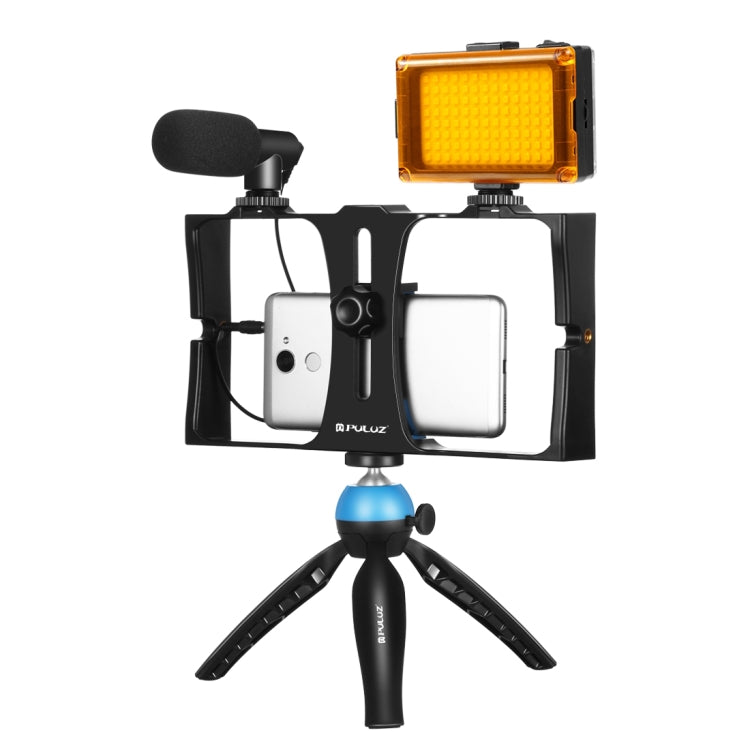 PULUZ 4 en 1 Vlogging Transmisión en vivo LED Selfie Light Kits de plataforma de video para teléfono inteligente con micrófono + soporte para trípode + cabezal de trípode con zapata fría para iPhone, Galaxy, Huawei, Xiaomi, HTC, LG, Google y otros telé...