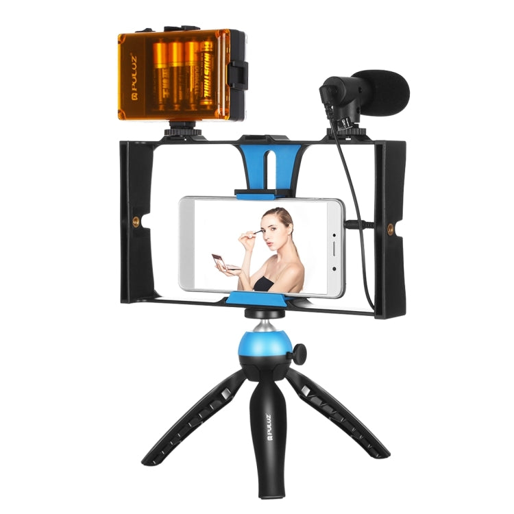 PULUZ 4 en 1 Vlogging Transmisión en vivo LED Selfie Light Kits de plataforma de video para teléfono inteligente con micrófono + soporte para trípode + cabezal de trípode con zapata fría para iPhone, Galaxy, Huawei, Xiaomi, HTC, LG, Google y otros telé...
