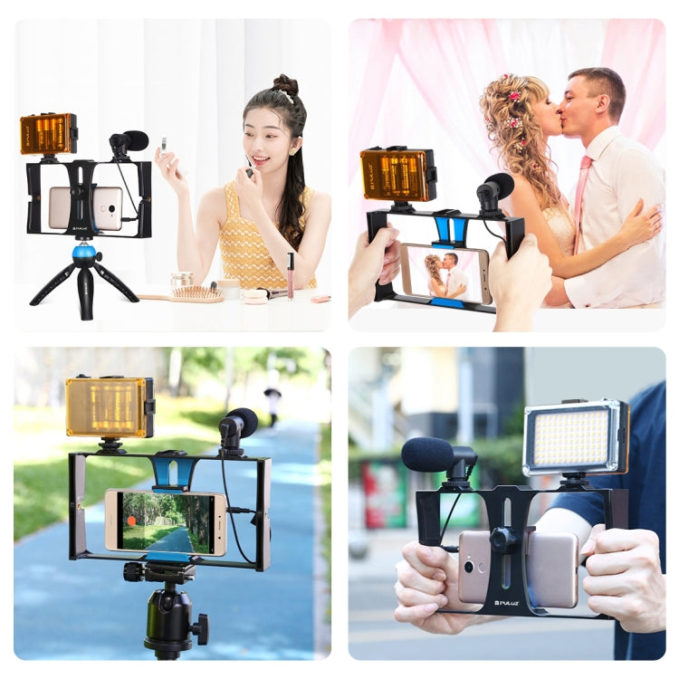 PULUZ 4 en 1 Vlogging Transmisión en vivo LED Selfie Light Kits de plataforma de video para teléfono inteligente con micrófono + soporte para trípode + cabezal de trípode con zapata fría para iPhone, Galaxy, Huawei, Xiaomi, HTC, LG, Google y otros telé...