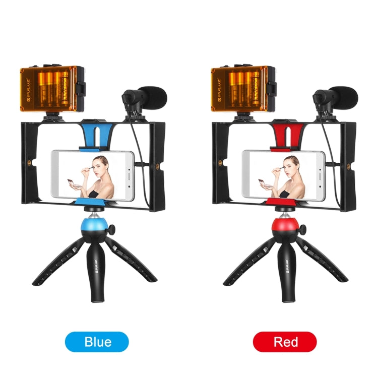 PULUZ 4 en 1 Vlogging Transmisión en vivo LED Selfie Light Kits de plataforma de video para teléfono inteligente con micrófono + soporte para trípode + cabezal de trípode con zapata fría para iPhone, Galaxy, Huawei, Xiaomi, HTC, LG, Google y otros telé...