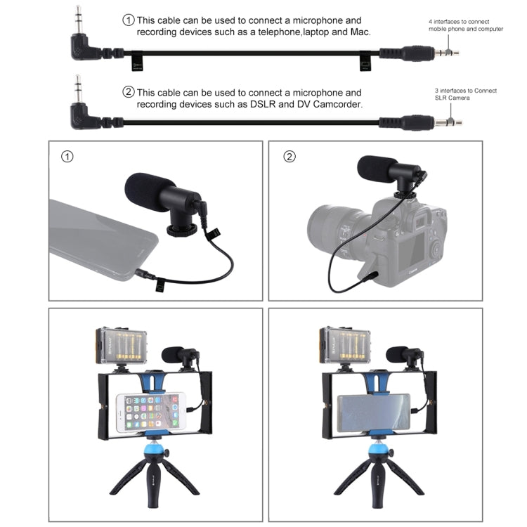PULUZ 4 en 1 Vlogging Transmisión en vivo LED Selfie Light Kits de plataforma de video para teléfono inteligente con micrófono + soporte para trípode + cabezal de trípode con zapata fría para iPhone, Galaxy, Huawei, Xiaomi, HTC, LG, Google y otros telé...