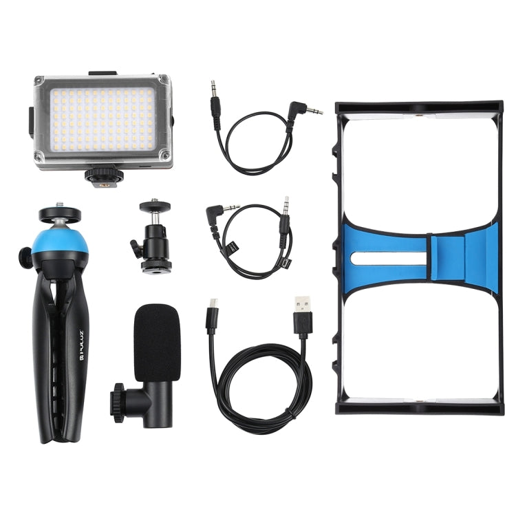 PULUZ 4 en 1 Vlogging Transmisión en vivo LED Selfie Light Kits de plataforma de video para teléfono inteligente con micrófono + soporte para trípode + cabezal de trípode con zapata fría para iPhone, Galaxy, Huawei, Xiaomi, HTC, LG, Google y otros telé...