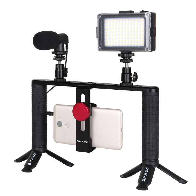 PULUZ 4 en 1 Vlogging Transmisión en vivo LED Selfie Light Smartphone Video Rig Mango Estabilizador Kits de soporte de aluminio con micrófono + Soporte para trípode + Cabezal de trípode con zapata fría, Aluminum Bracket Kits