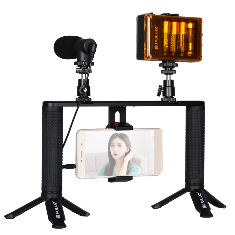 PULUZ 4 en 1 Vlogging Transmisión en vivo LED Selfie Light Smartphone Video Rig Mango Estabilizador Kits de soporte de aluminio con micrófono + Soporte para trípode + Cabezal de trípode con zapata fría, Aluminum Bracket Kits