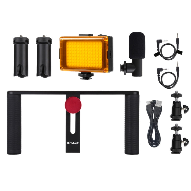 PULUZ 4 en 1 Vlogging Transmisión en vivo LED Selfie Light Smartphone Video Rig Mango Estabilizador Kits de soporte de aluminio con micrófono + Soporte para trípode + Cabezal de trípode con zapata fría, Aluminum Bracket Kits
