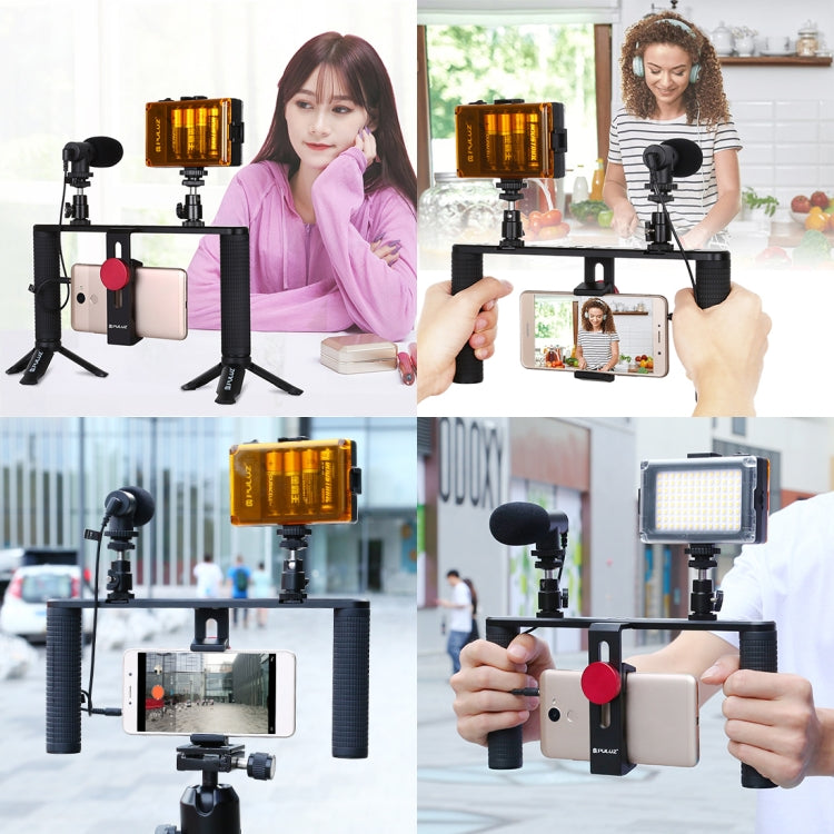 PULUZ 4 en 1 Vlogging Transmisión en vivo LED Selfie Light Smartphone Video Rig Mango Estabilizador Kits de soporte de aluminio con micrófono + Soporte para trípode + Cabezal de trípode con zapata fría, Aluminum Bracket Kits
