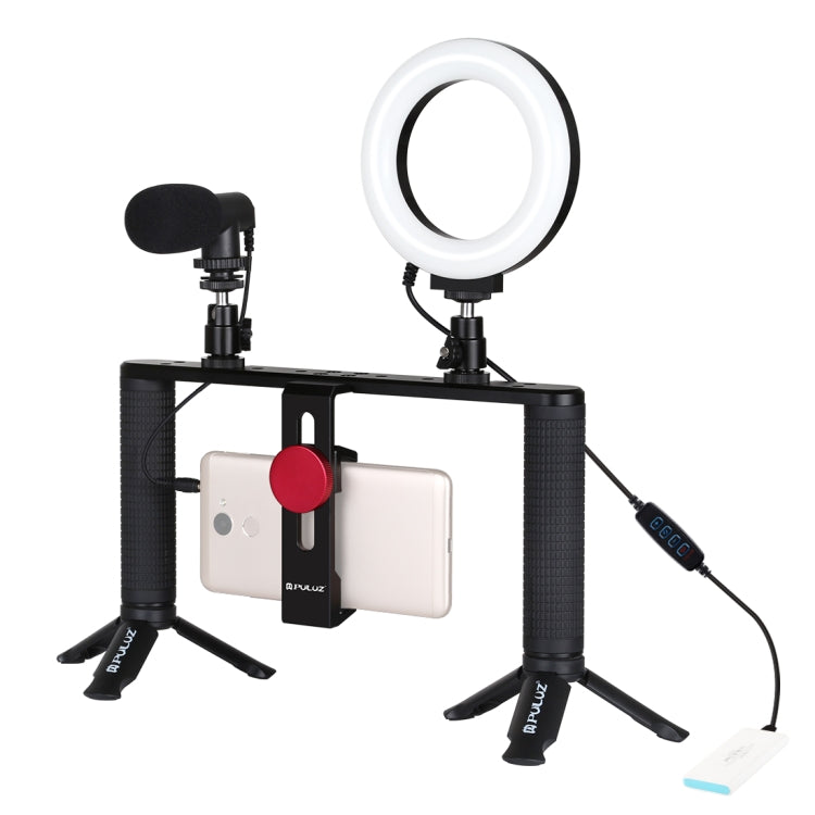PULUZ 4 en 1 Vlogging Transmisión en vivo 4,7 pulgadas 12 cm Anillo LED Selfie Light Smartphone Video Rig Mango Estabilizador Kits de soporte de aluminio con micrófono + Soporte para trípode + Cabezal de trípode con zapata fría                         ...