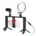 PULUZ 4 en 1 Vlogging Transmisión en vivo 4,7 pulgadas 12 cm Anillo LED Selfie Light Smartphone Video Rig Mango Estabilizador Kits de soporte de aluminio con micrófono + Soporte para trípode + Cabezal de trípode con zapata fría                         ...