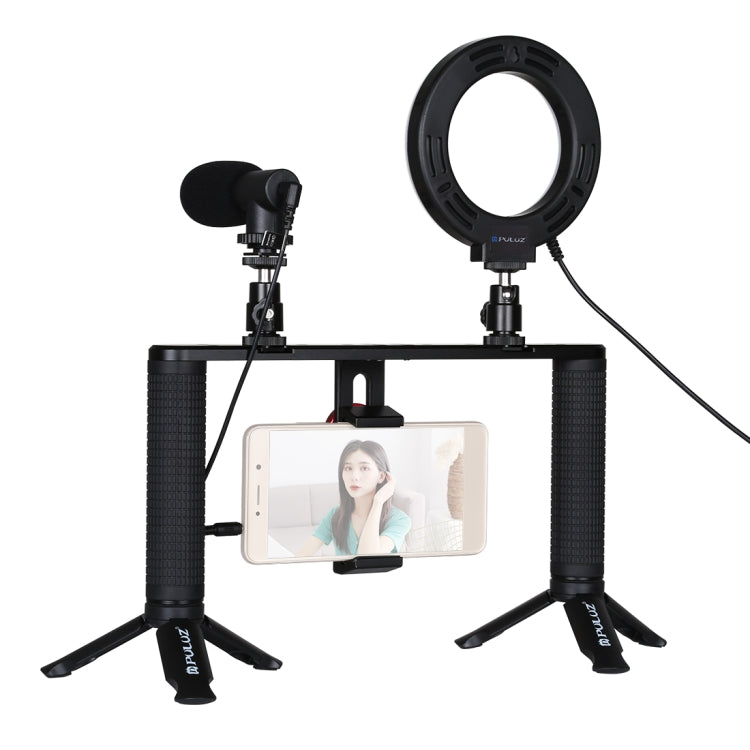 PULUZ 4 en 1 Vlogging Transmisión en vivo 4,7 pulgadas 12 cm Anillo LED Selfie Light Smartphone Video Rig Mango Estabilizador Kits de soporte de aluminio con micrófono + Soporte para trípode + Cabezal de trípode con zapata fría                         ...