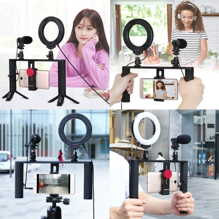 PULUZ 4 en 1 Vlogging Transmisión en vivo 4,7 pulgadas 12 cm Anillo LED Selfie Light Smartphone Video Rig Mango Estabilizador Kits de soporte de aluminio con micrófono + Soporte para trípode + Cabezal de trípode con zapata fría                         ...