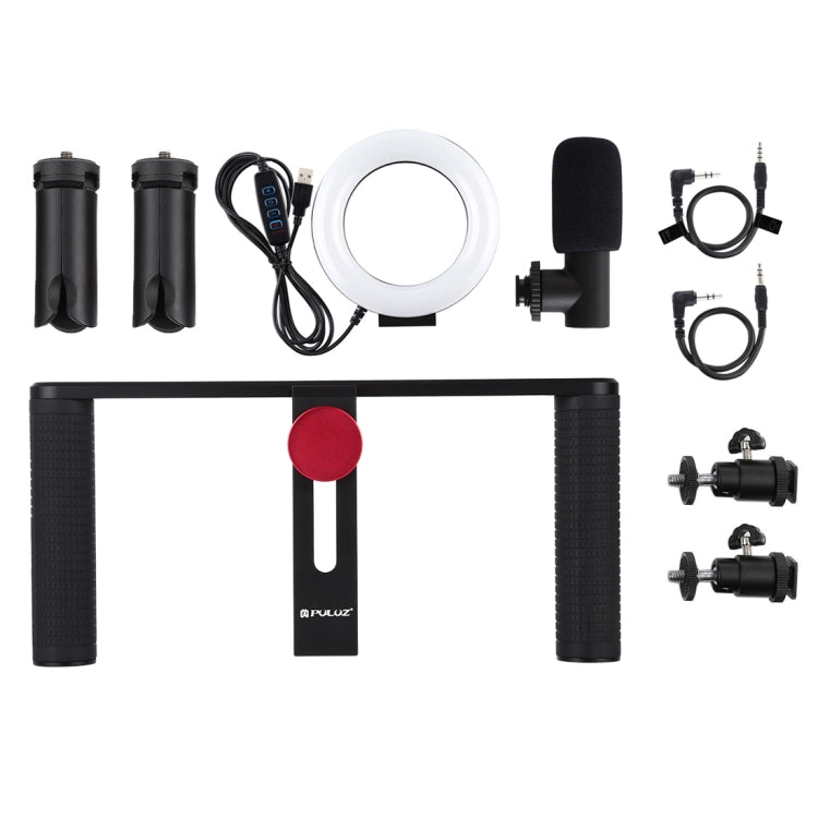 PULUZ 4 en 1 Vlogging Transmisión en vivo 4,7 pulgadas 12 cm Anillo LED Selfie Light Smartphone Video Rig Mango Estabilizador Kits de soporte de aluminio con micrófono + Soporte para trípode + Cabezal de trípode con zapata fría                         ...