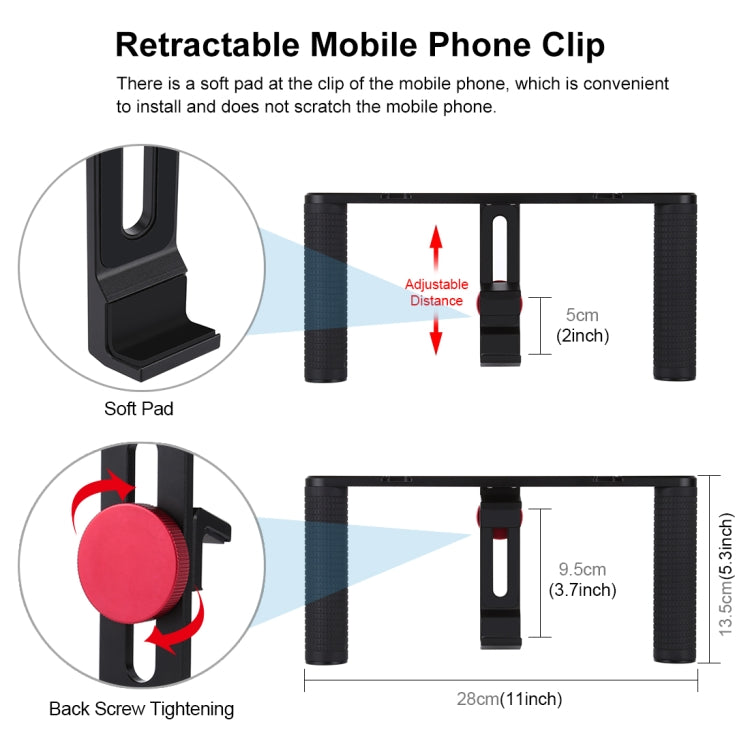 PULUZ 4 en 1 Vlogging Transmisión en vivo 4,7 pulgadas 12 cm Anillo LED Selfie Light Smartphone Video Rig Mango Estabilizador Kits de soporte de aluminio con micrófono + Soporte para trípode + Cabezal de trípode con zapata fría                         ...