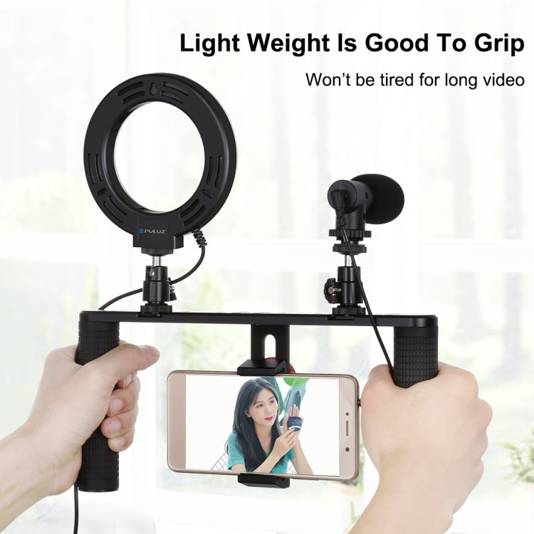 PULUZ 4 en 1 Vlogging Transmisión en vivo 4,7 pulgadas 12 cm Anillo LED Selfie Light Smartphone Video Rig Mango Estabilizador Kits de soporte de aluminio con micrófono + Soporte para trípode + Cabezal de trípode con zapata fría                         ...