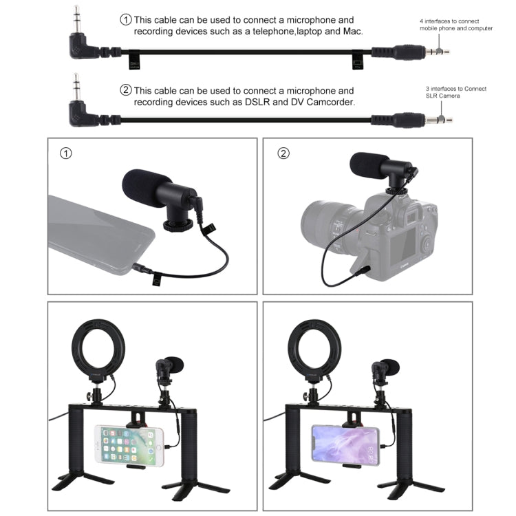 PULUZ 4 en 1 Vlogging Transmisión en vivo 4,7 pulgadas 12 cm Anillo LED Selfie Light Smartphone Video Rig Mango Estabilizador Kits de soporte de aluminio con micrófono + Soporte para trípode + Cabezal de trípode con zapata fría                         ...