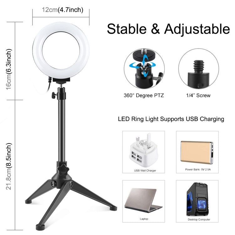 PULUZ 4,7 pulgadas 12 cm USB 3 modos Anillo LED regulable Vlogging Fotografía Luces de vídeo + Soporte para trípode de escritorio con rótula de bola para trípode con zapata fría, Tripod Stand + Ring LED