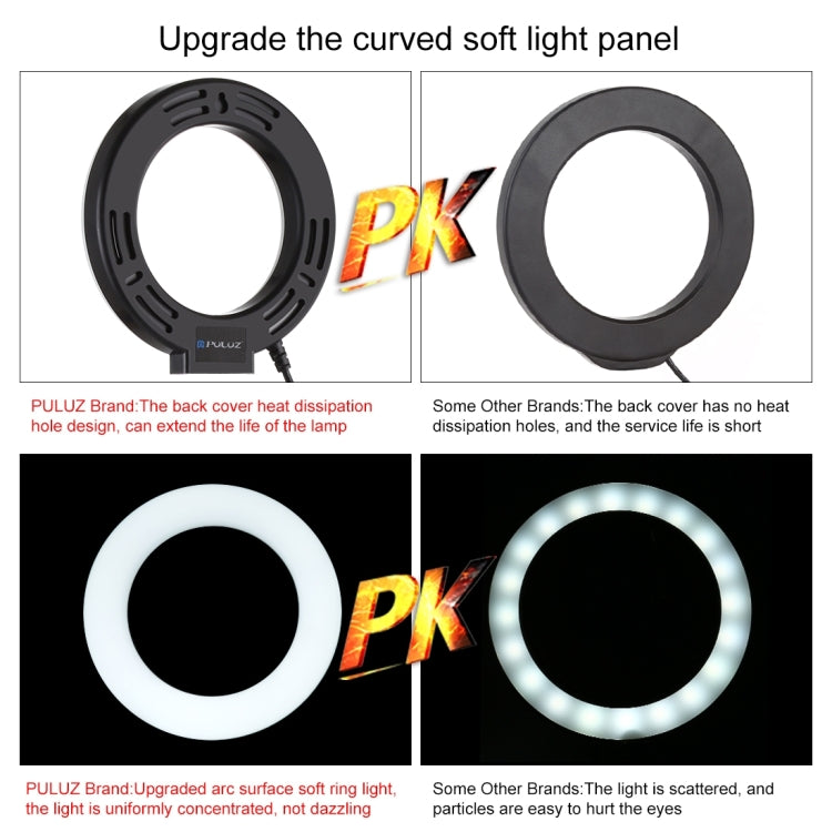PULUZ 4,7 pulgadas 12 cm USB 3 modos Anillo LED regulable Vlogging Fotografía Luces de vídeo + Soporte para trípode de escritorio con rótula de bola para trípode con zapata fría, Tripod Stand + Ring LED