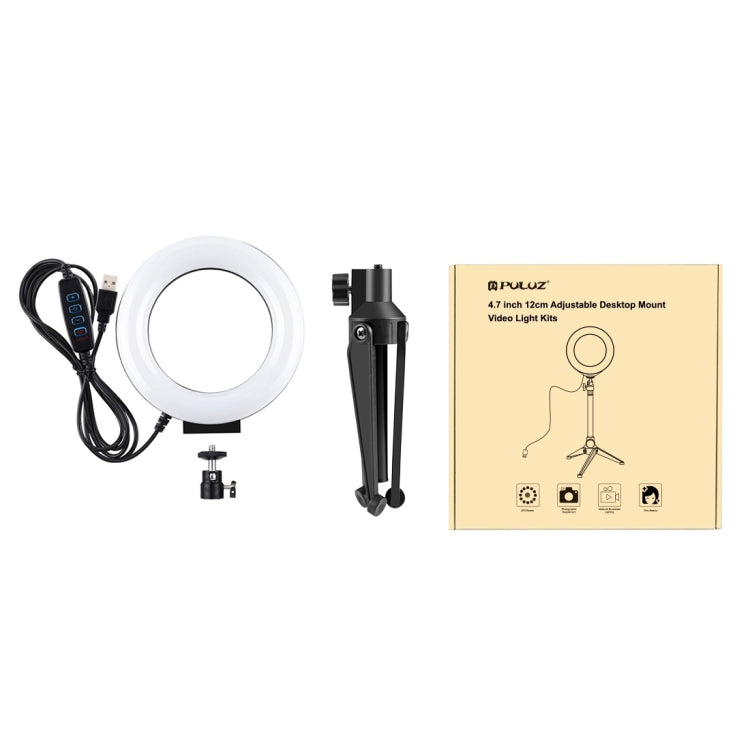 PULUZ 4,7 pulgadas 12 cm USB 3 modos Anillo LED regulable Vlogging Fotografía Luces de vídeo + Soporte para trípode de escritorio con rótula de bola para trípode con zapata fría, Tripod Stand + Ring LED