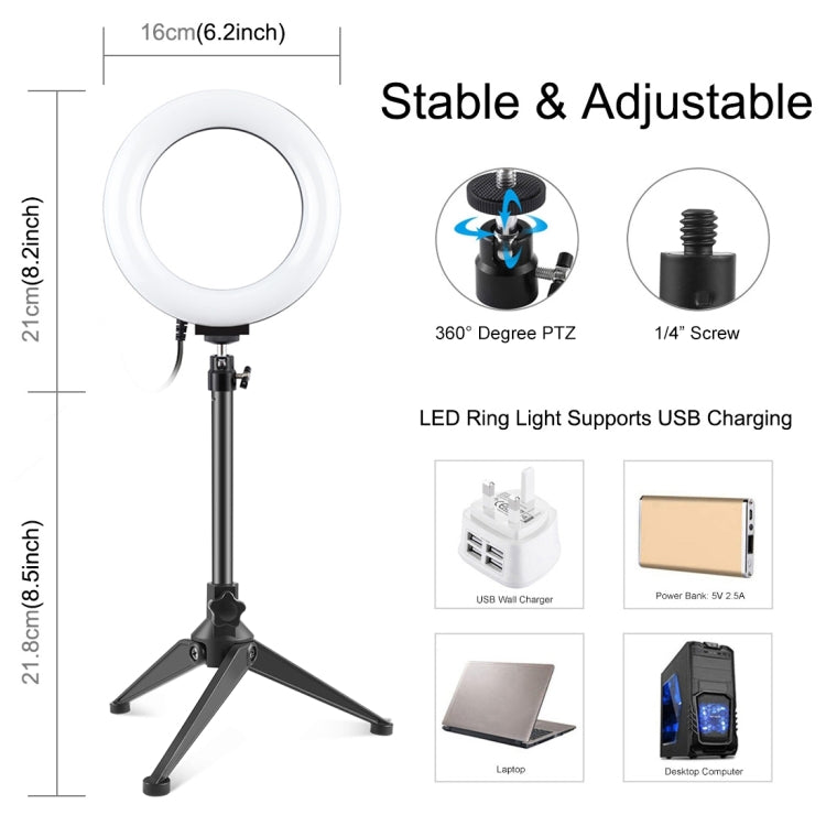 PULUZ 6.2 pulgadas 16 cm USB 3 modos Anillo LED regulable Vlogging Fotografía Luces de video + Soporte para trípode de escritorio con rótula de bola para trípode con zapata fría, Tripod Mount+6.2 inch Light