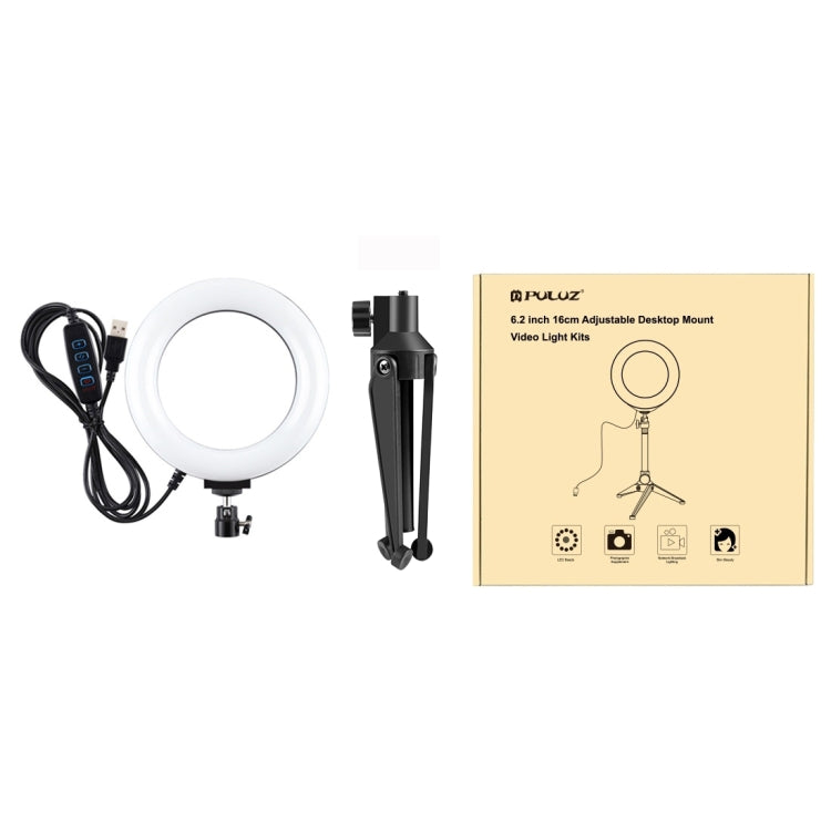 PULUZ 6.2 pulgadas 16 cm USB 3 modos Anillo LED regulable Vlogging Fotografía Luces de video + Soporte para trípode de escritorio con rótula de bola para trípode con zapata fría, Tripod Mount+6.2 inch Light
