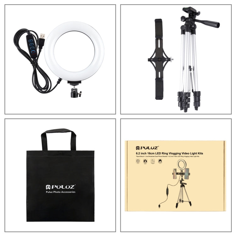 Soporte para trípode PULUZ + soporte para teléfono dual para transmisión en vivo + kits de luces de vídeo para vlogging con anillo LED de 6,2 pulgadas y 16 cm, 3 in 1