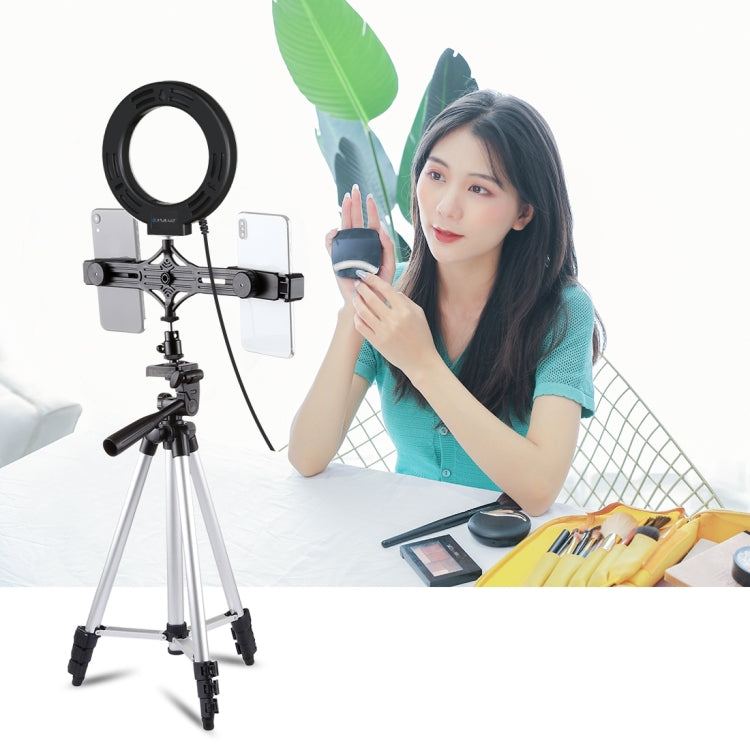 Soporte para trípode PULUZ + soporte para teléfono dual para transmisión en vivo + kits de luces de vídeo para vlogging con anillo LED de 6,2 pulgadas y 16 cm, 3 in 1