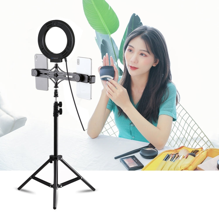 PULUZ-montaje para trípode de 1,1 m + soporte para teléfono dual para transmisión en vivo + anillo LED de 6,2 pulgadas y 16cm, kits de luces de vídeo para Vlogging, 3 in 1 Live Broadcast Kits