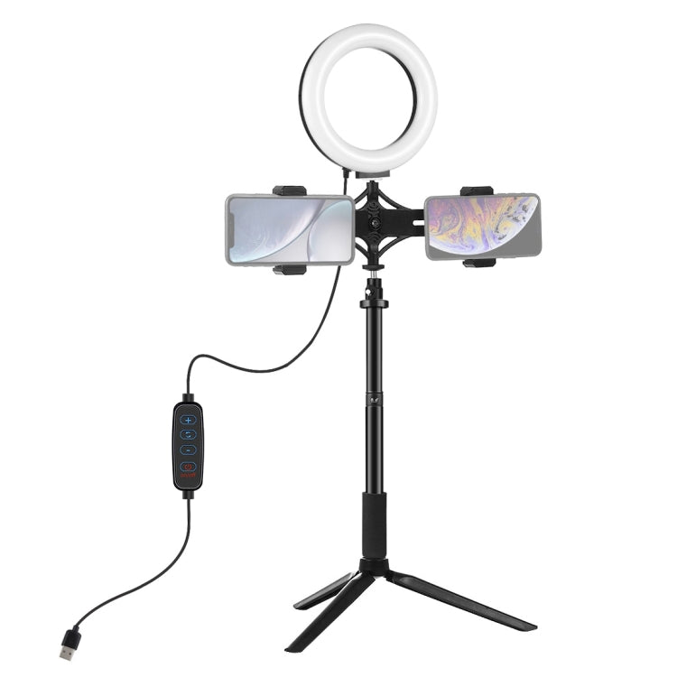 Soporte para trípode PULUZ + varilla de extensión + soporte para teléfono Dual para transmisión en vivo + anillo LED de 6,2 pulgadas y 16cm, Kits de luz para vídeo Vlogging, 4 in 1 Live Broadcast Kits