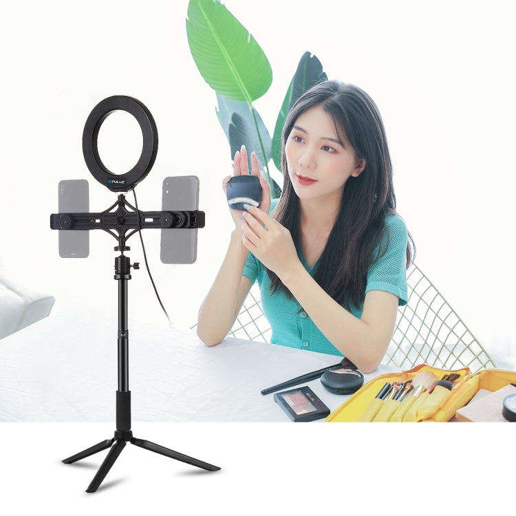 Soporte para trípode PULUZ + varilla de extensión + soporte para teléfono Dual para transmisión en vivo + anillo LED de 6,2 pulgadas y 16cm, Kits de luz para vídeo Vlogging, 4 in 1 Live Broadcast Kits